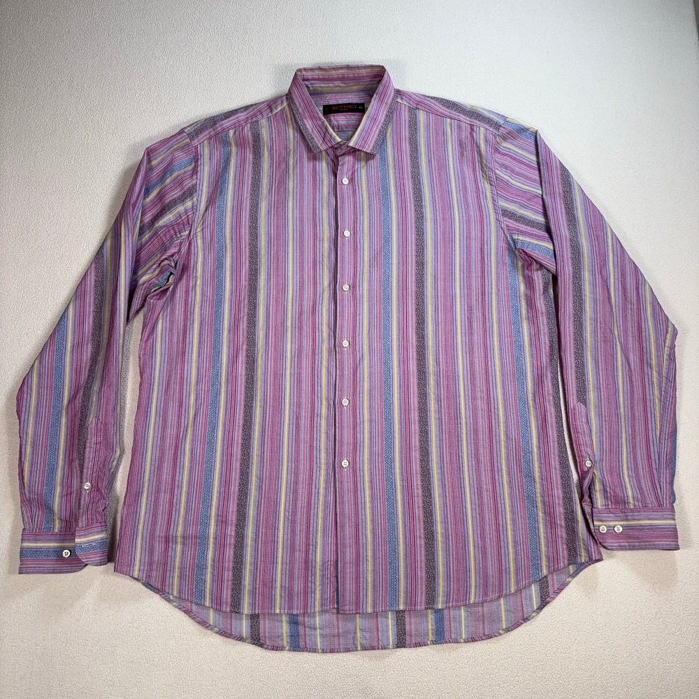 Etro Shirt Men's 46 Purple Vertical Stripe 100% Cotton Made in Italy Button‎ Up